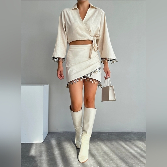 Zara Linen Capiz Shell mini boho beachy Women's Skirt Size S - Picture 3 of 16